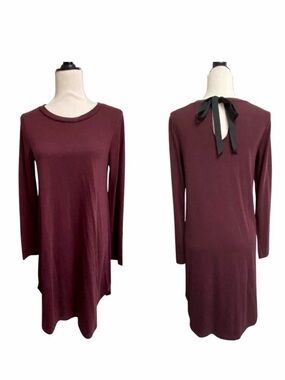 LOFT Knit Dress S Maroon Burgundy Long Sleeve Bow Back Pullover Sweater Dress